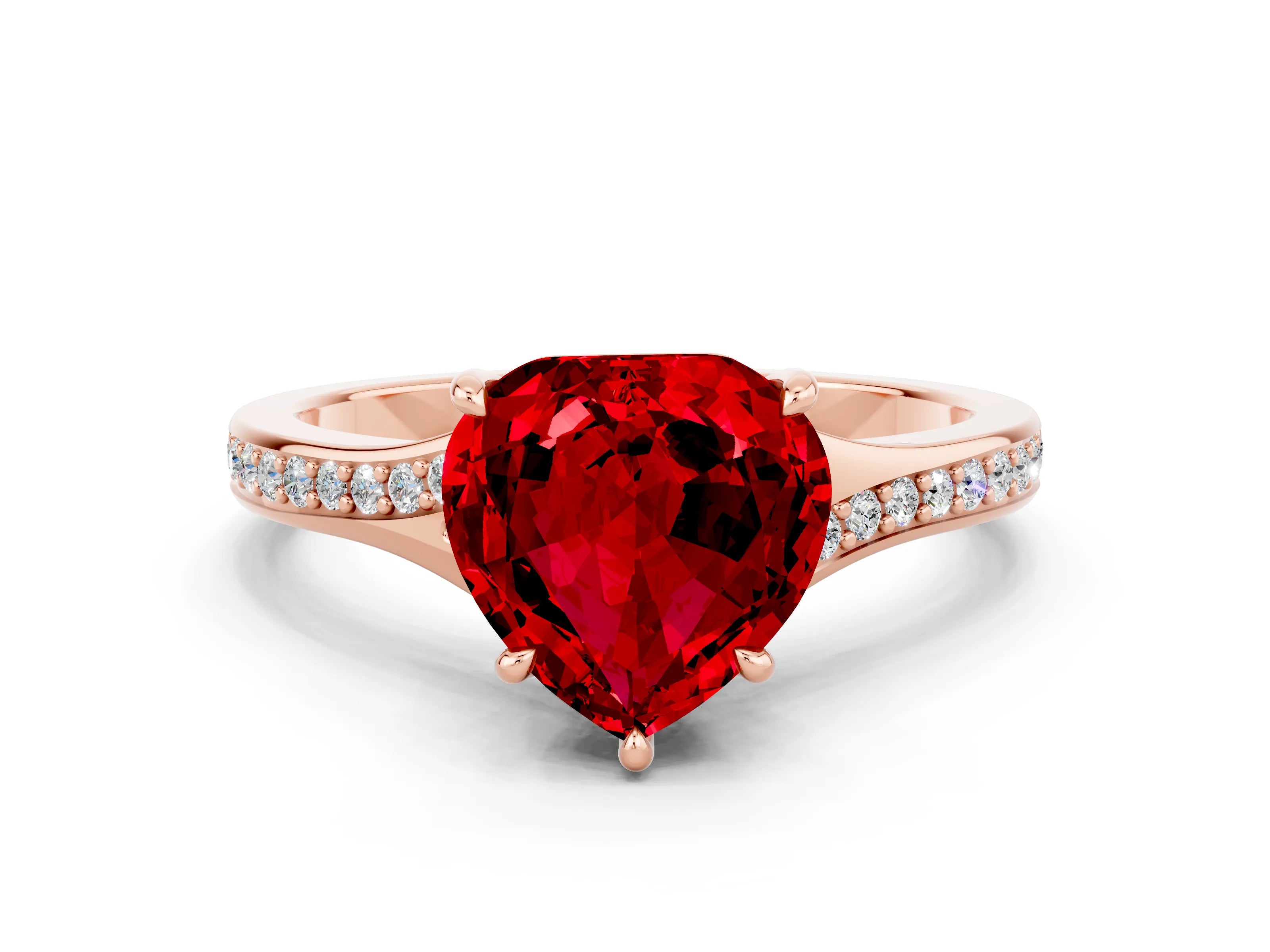 Rose gold Heart Cut Ruby Solitaire Ring with Pavé Band and Prong Setting