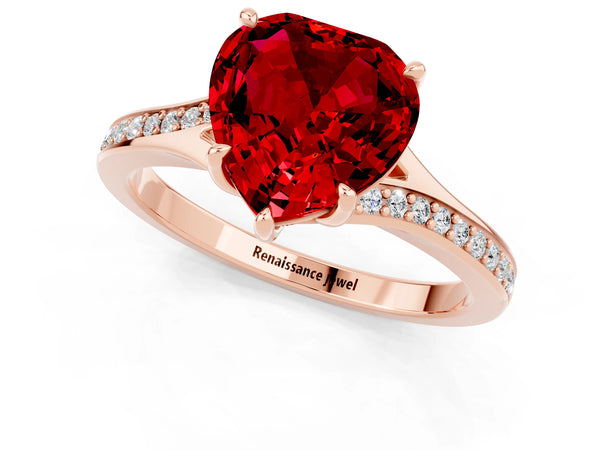Rose gold Heart Cut Ruby Solitaire Ring with Pavé Band and Prong Setting