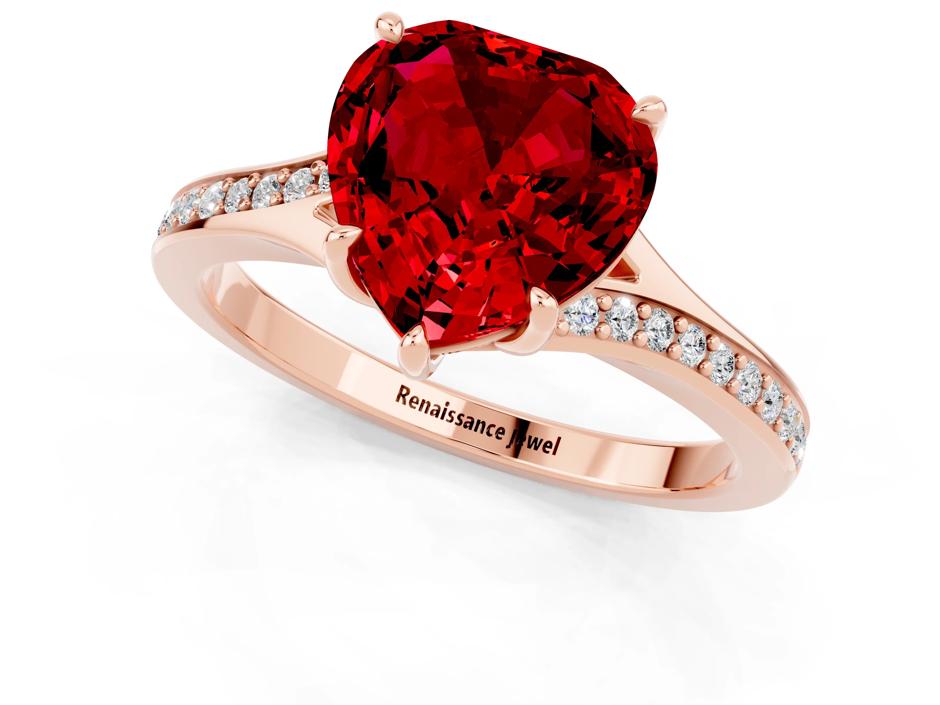 Rose gold Heart Cut Ruby Solitaire Ring with Pavé Band and Prong Setting_13
