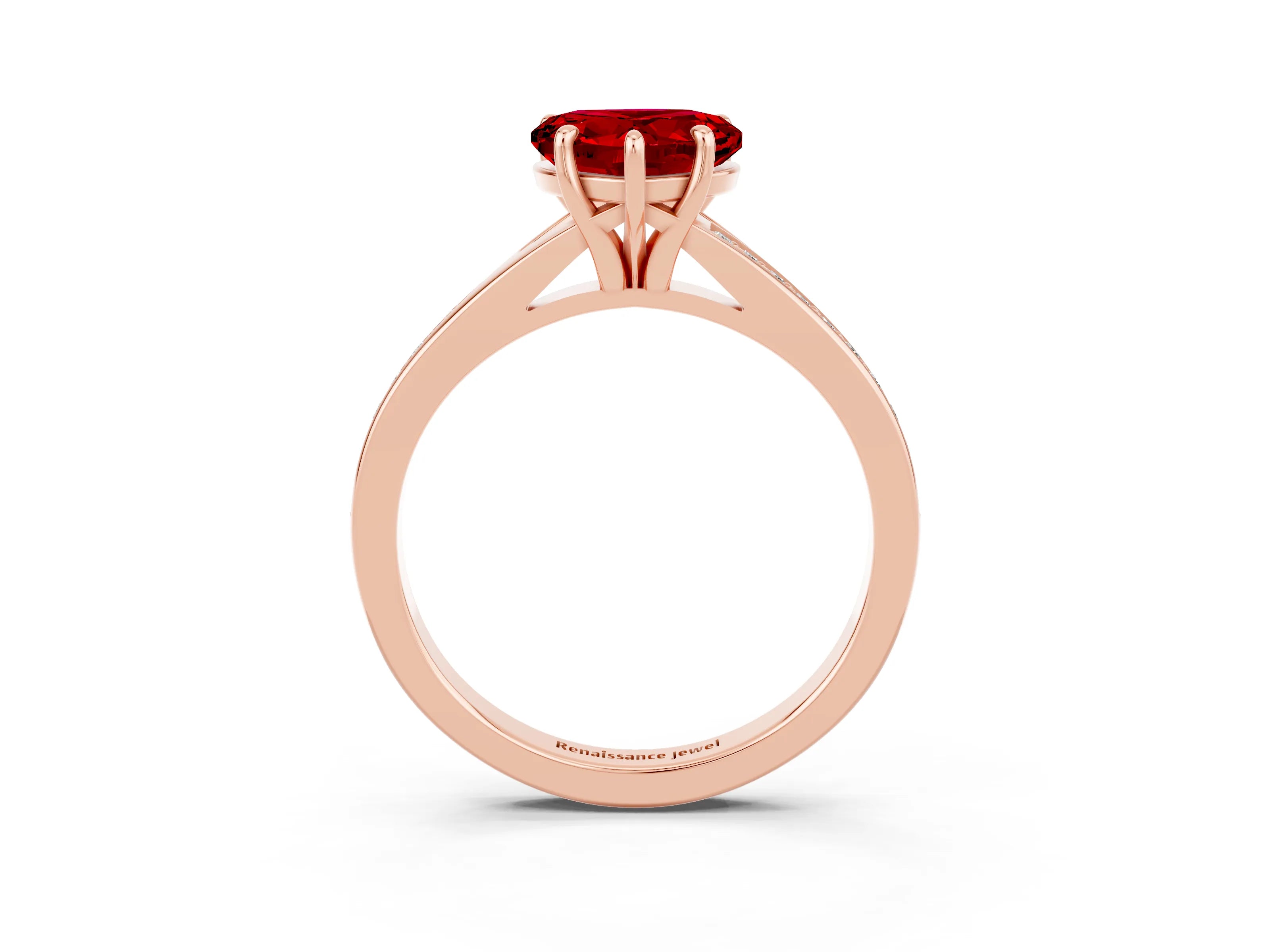 Rose gold Heart Cut Ruby Solitaire Ring with Pavé Band and Prong Setting_15