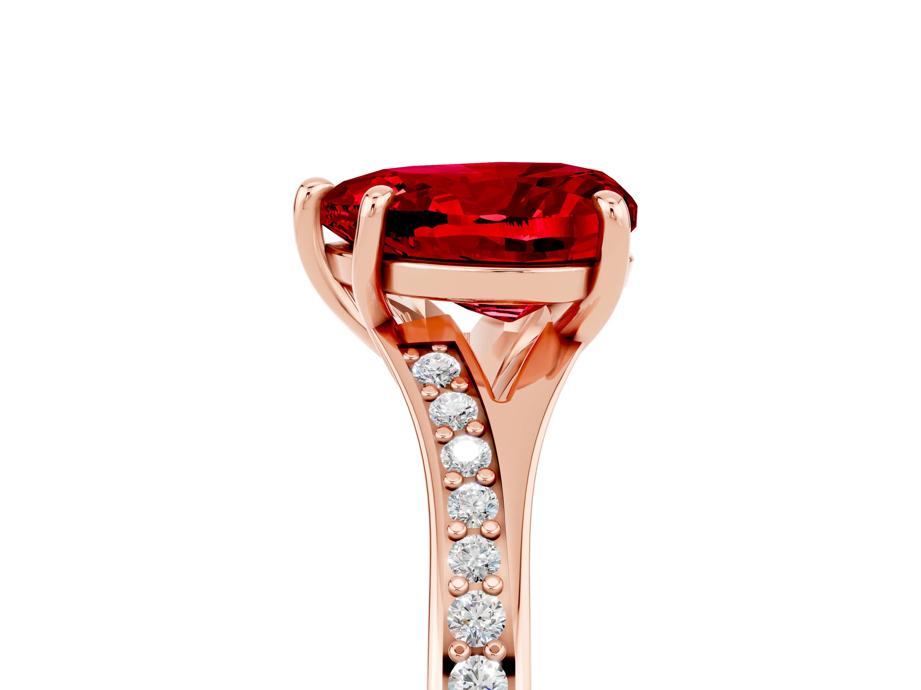 Rose gold Heart Cut Ruby Solitaire Ring with Pavé Band and Prong Setting_17