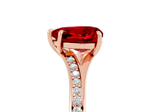 Rose gold Heart Cut Ruby Solitaire Ring with Pavé Band and Prong Setting_17