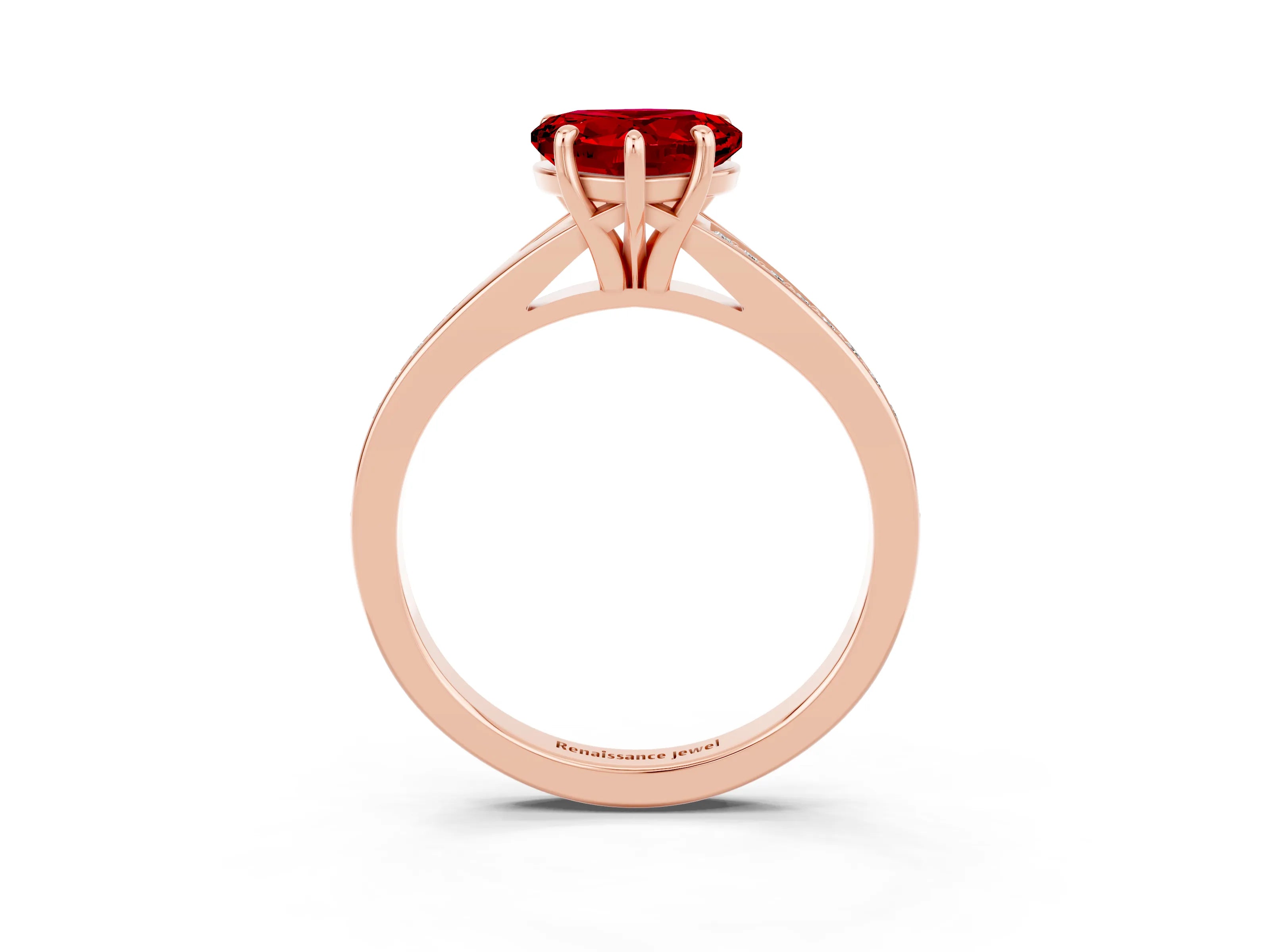 Rose gold Heart Cut Ruby Solitaire Ring with Pavé Band and Prong Setting_3