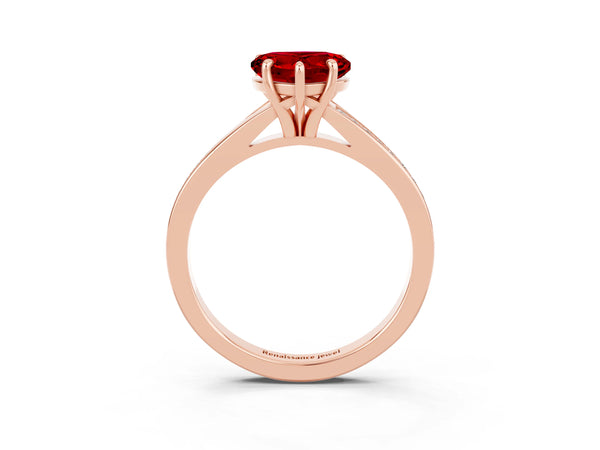 Rose gold Heart Cut Ruby Solitaire Ring with Pavé Band and Prong Setting