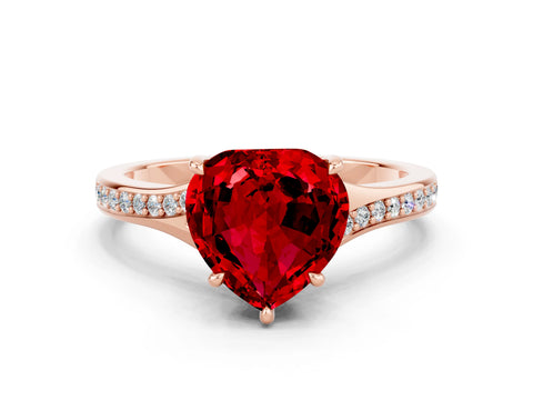 Rose gold Heart Cut Ruby Solitaire Ring with Pavé Band and Prong Setting