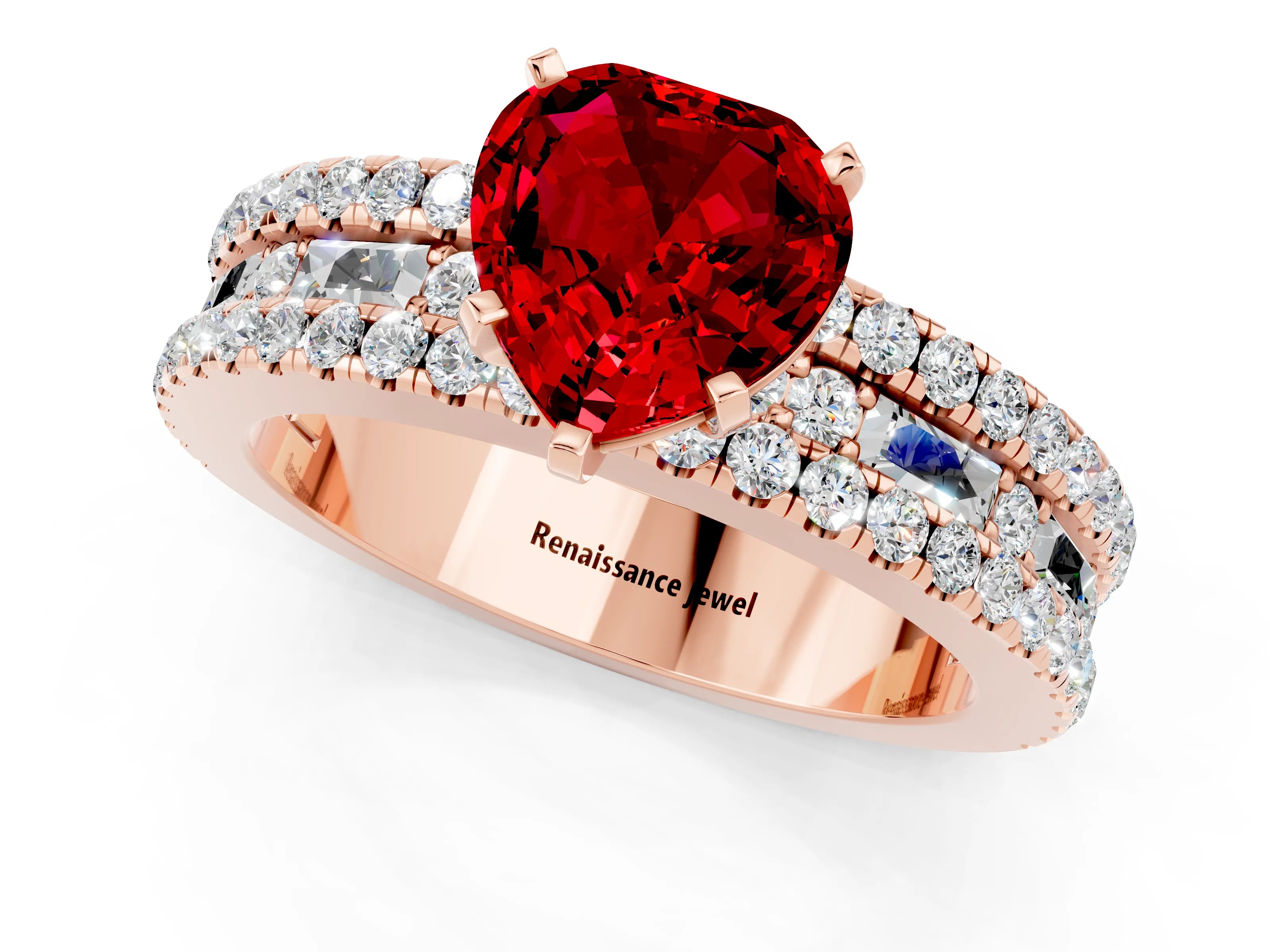 Rose gold Heart Cut Ruby Solitaire Ring with Pavé and Channel Set Band_1
