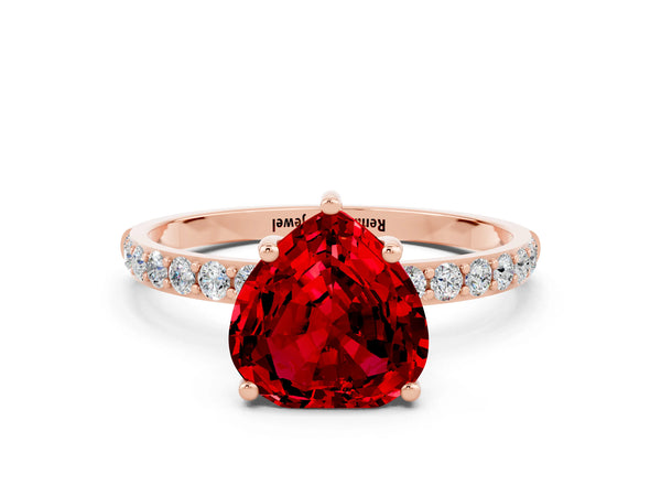 Rose gold Heart Cut Ruby Solitaire Ring with Round  Pavé Band and Prong Setting