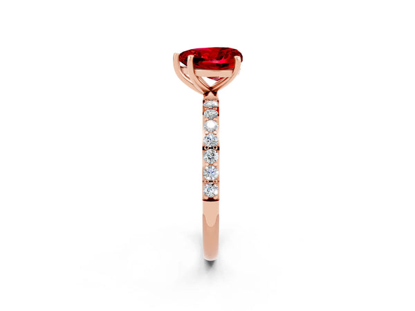 Rose gold Heart Cut Ruby Solitaire Ring with Round  Pavé Band and Prong Setting