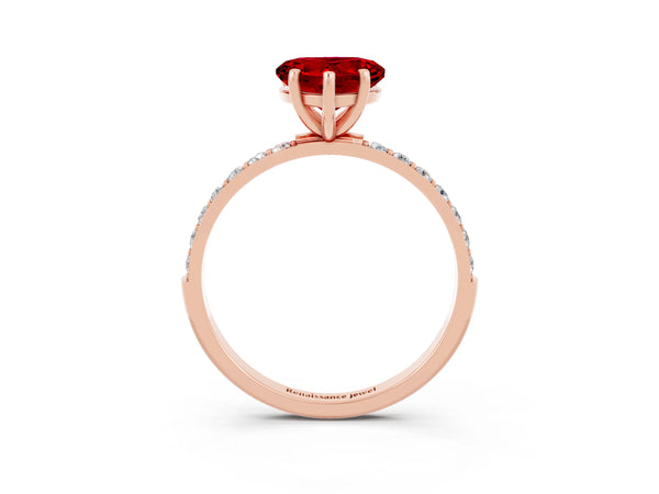 Rose gold Heart Cut Ruby Solitaire Ring with Round  Pavé Band and Prong Setting