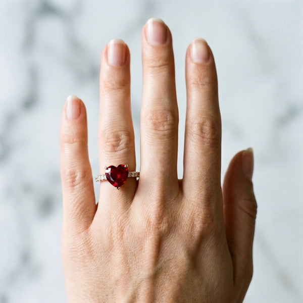 Rose gold Heart Cut Ruby Solitaire Ring with Round  Pavé Band and Four-Prong Setting