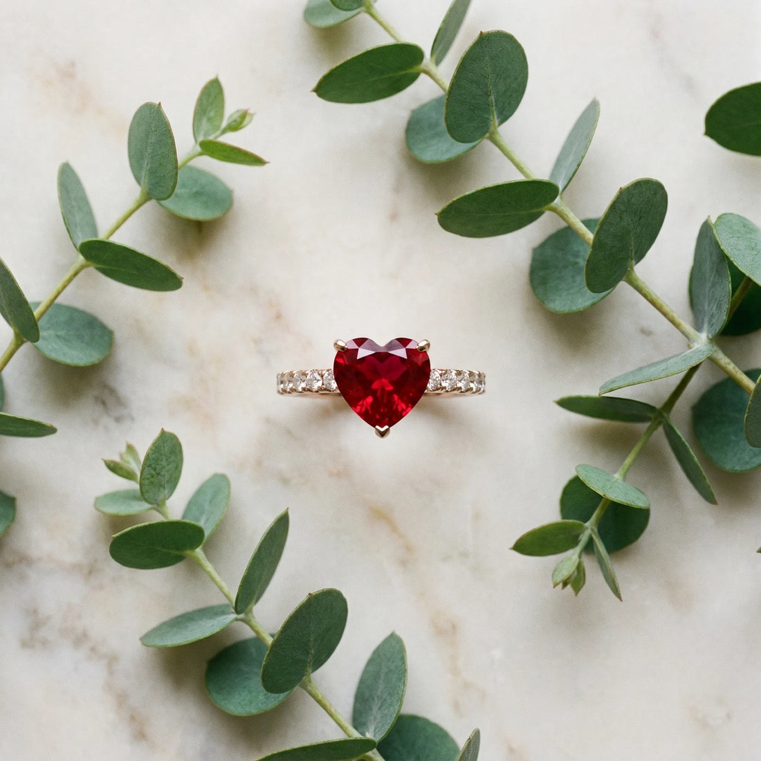 Rose gold Heart Cut Ruby Solitaire Ring with Round  Pavé Band and Four-Prong Setting_45