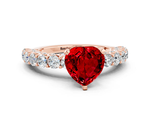 Rose gold Heart Cut Ruby Solitaire Ring with Shared Prong Pavé Band and Four-Prong Setting
