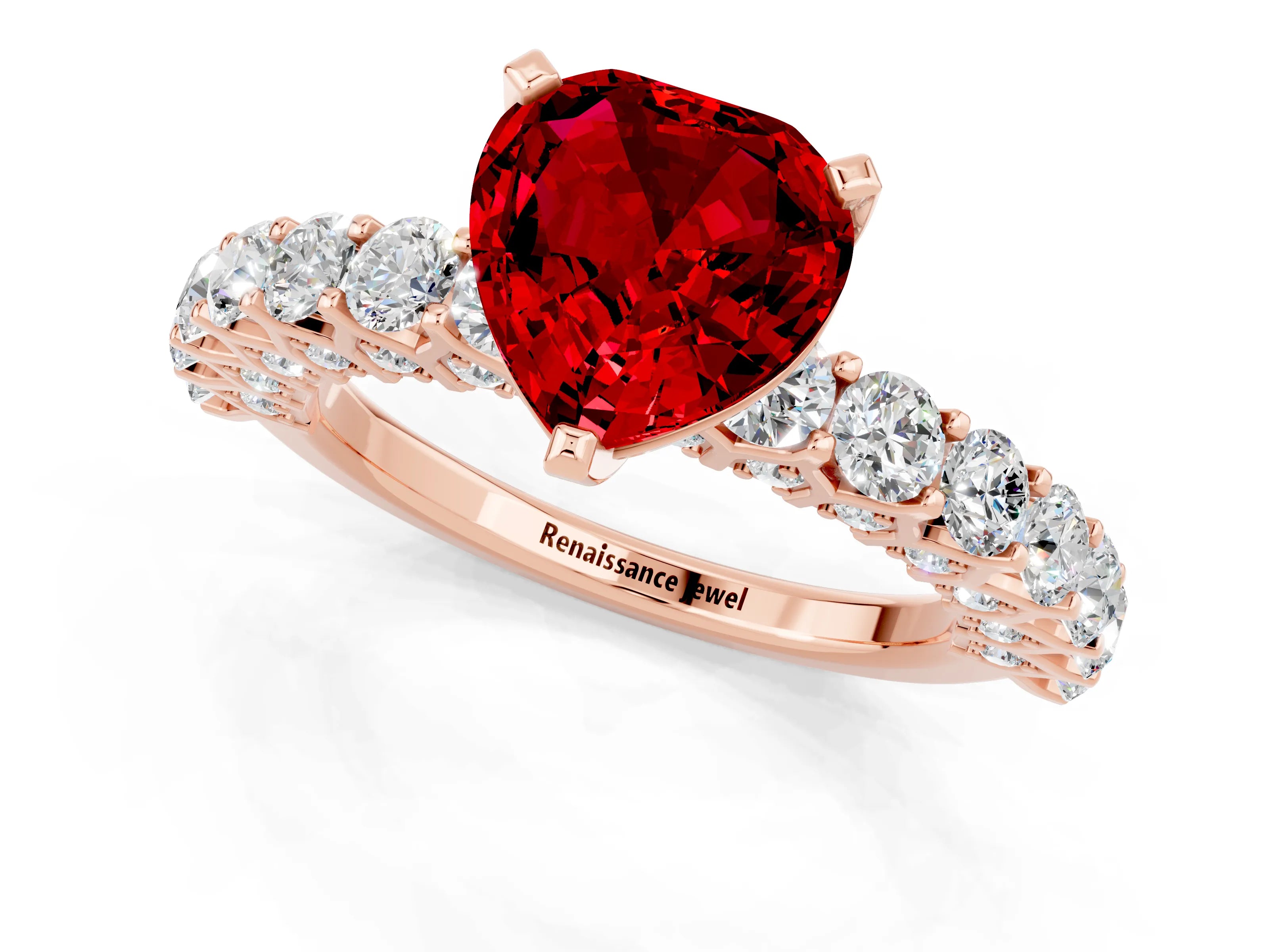 Rose gold Heart Cut Ruby Solitaire Ring with Shared Prong Pavé Band and Four-Prong Setting_13