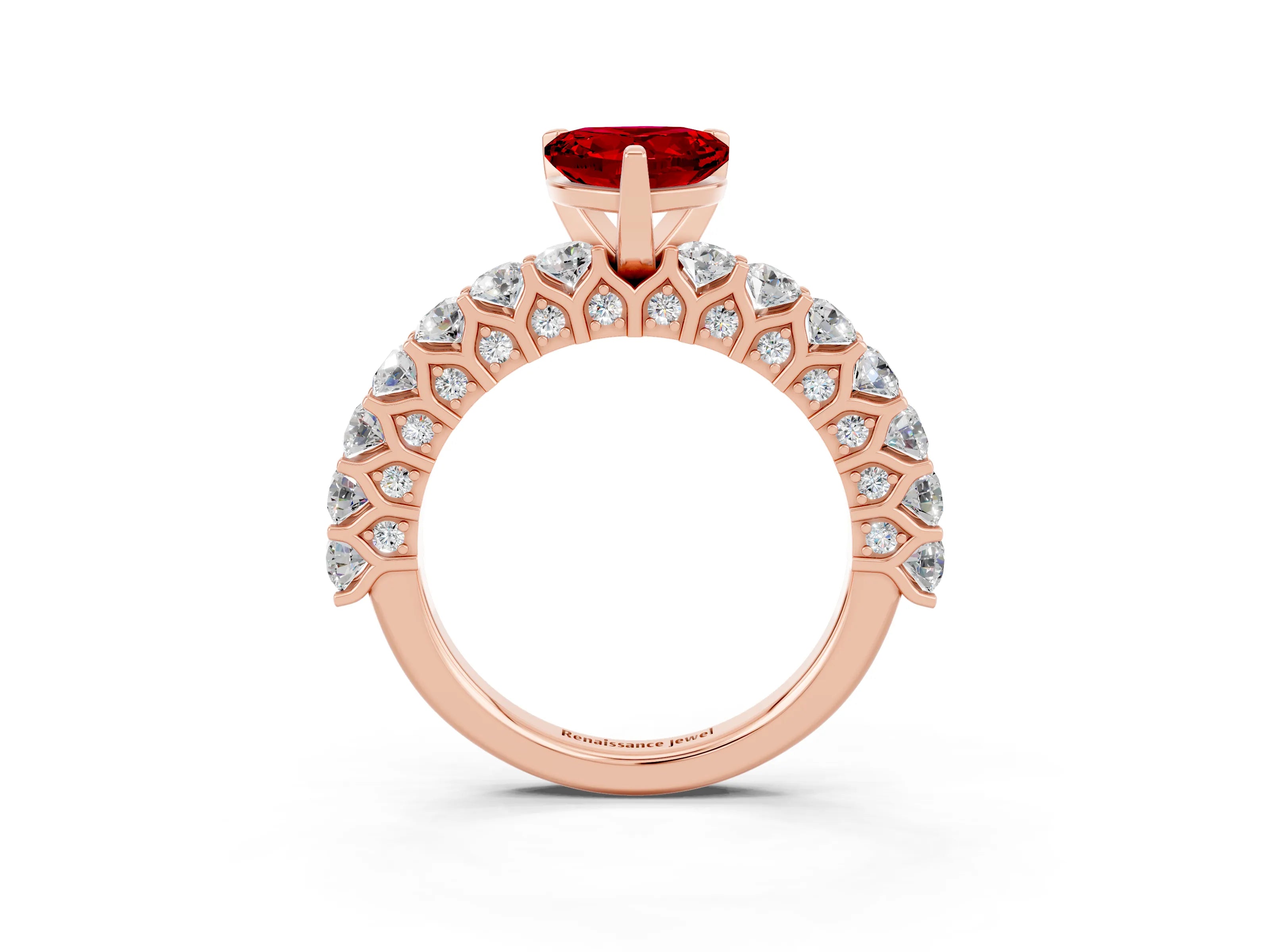 Rose gold Heart Cut Ruby Solitaire Ring with Shared Prong Pavé Band and Four-Prong Setting_15