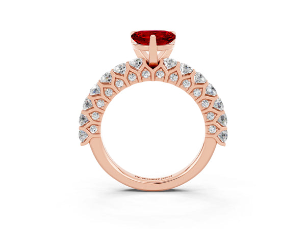 Rose gold Heart Cut Ruby Solitaire Ring with Shared Prong Pavé Band and Four-Prong Setting