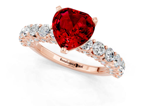 Rose gold Heart Cut Ruby Solitaire Ring with Shared Prong Pavé Band and Four-Prong Setting_1