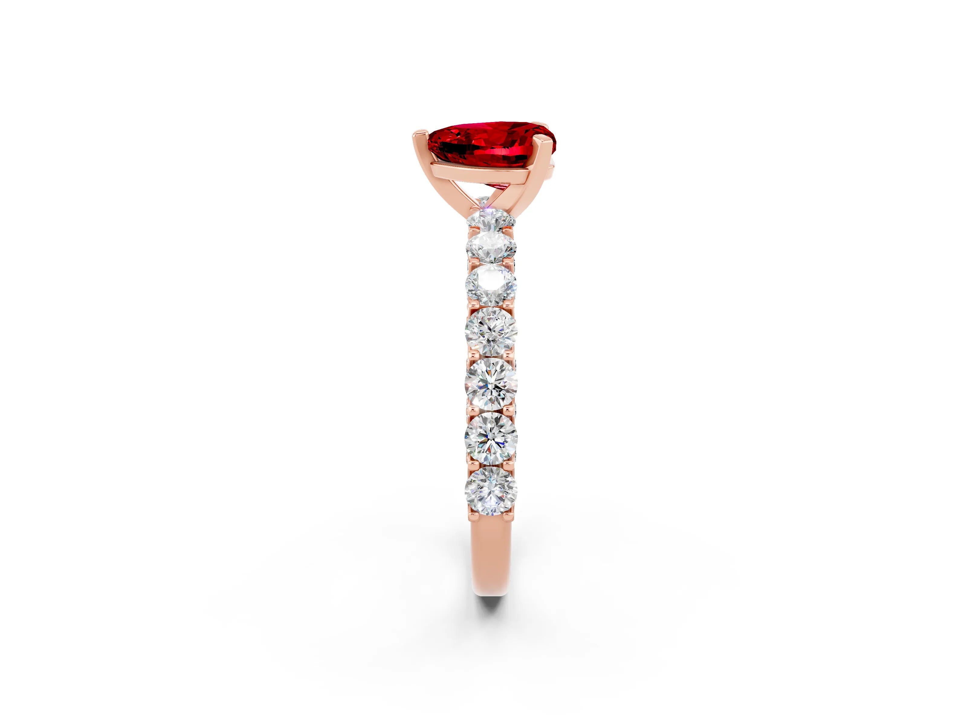 Rose gold Heart Cut Ruby Solitaire Ring with Shared Prong Pavé Band and Four-Prong Setting_2