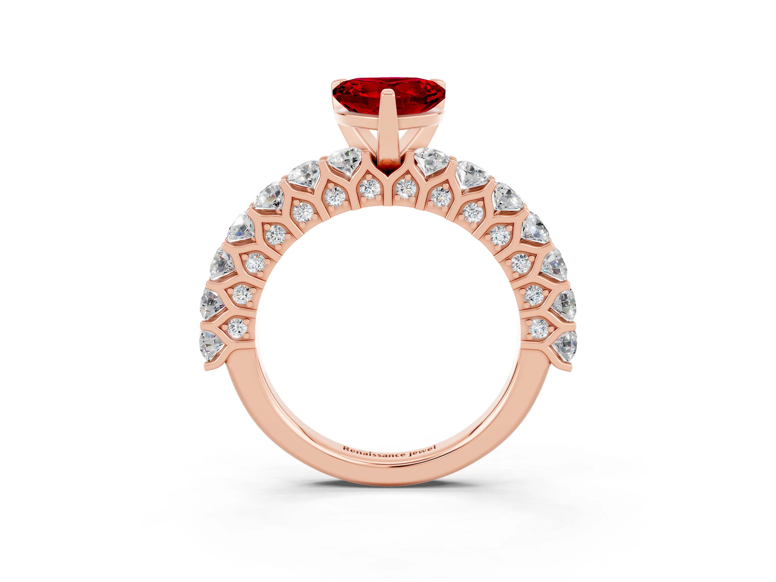 Rose gold Heart Cut Ruby Solitaire Ring with Shared Prong Pavé Band and Four-Prong Setting_3