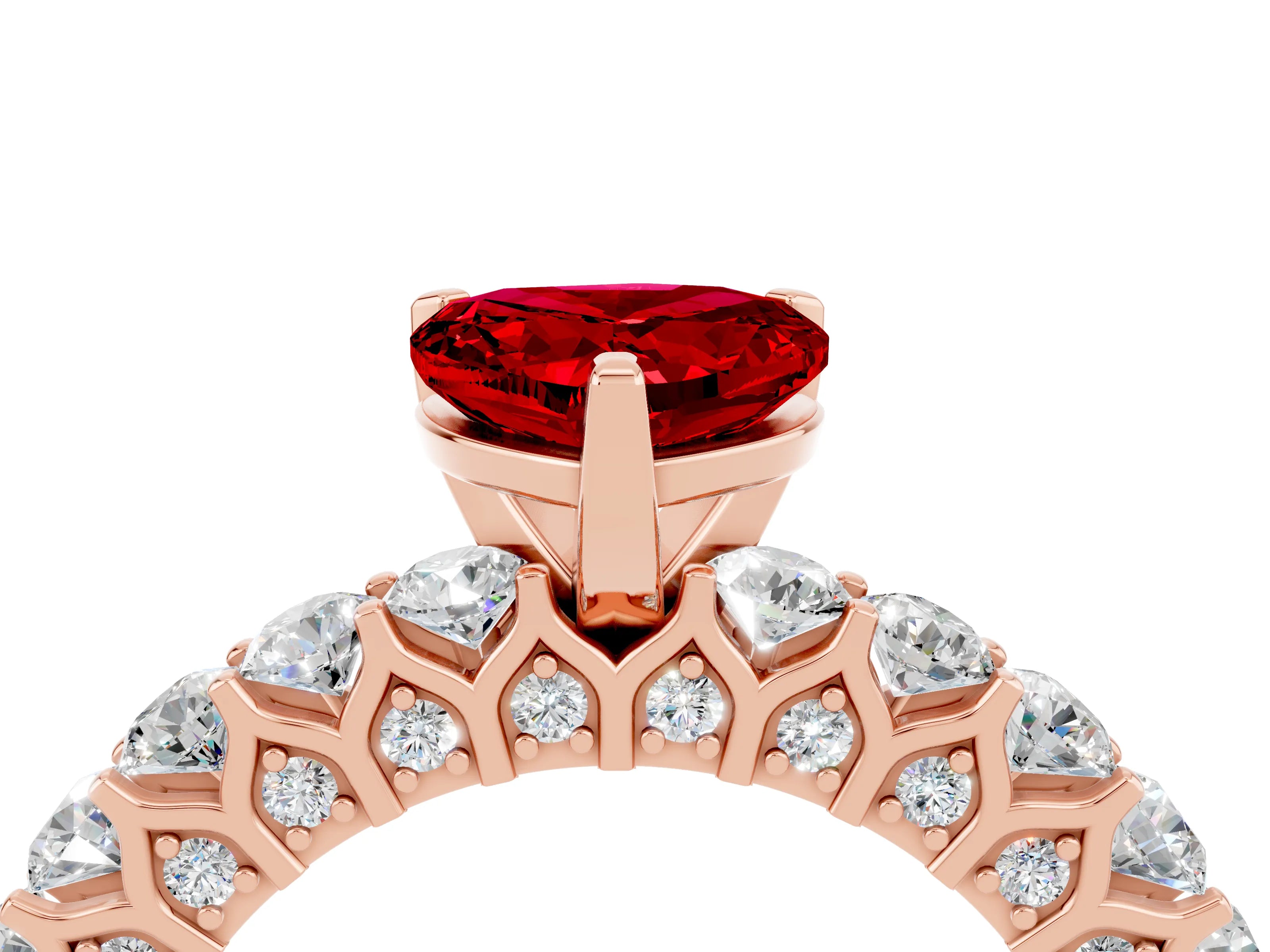 Rose gold Heart Cut Ruby Solitaire Ring with Shared Prong Pavé Band and Four-Prong Setting_4