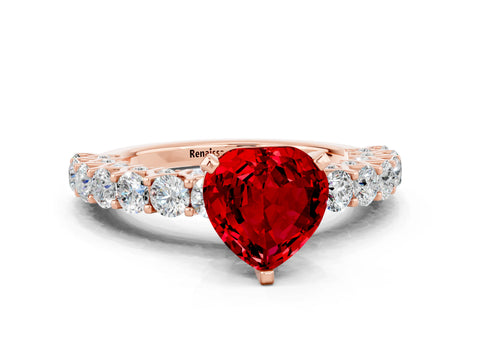 Rose gold Heart Cut Ruby Solitaire Ring with Shared Prong Pavé Band and Four-Prong Setting