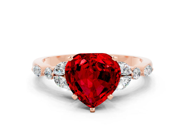 Rose gold Heart Cut Ruby Solitaire Ring with Side Stones and Four-Prong Setting