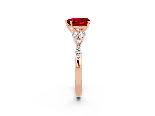 Rose gold Heart Cut Ruby Solitaire Ring with Side Stones and Four-Prong Setting