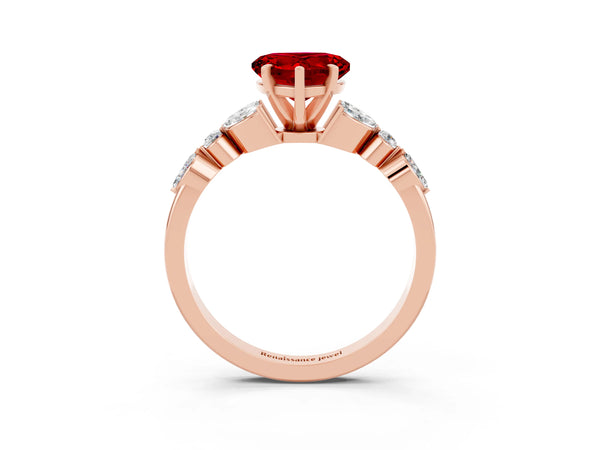 Rose gold Heart Cut Ruby Solitaire Ring with Side Stones and Four-Prong Setting