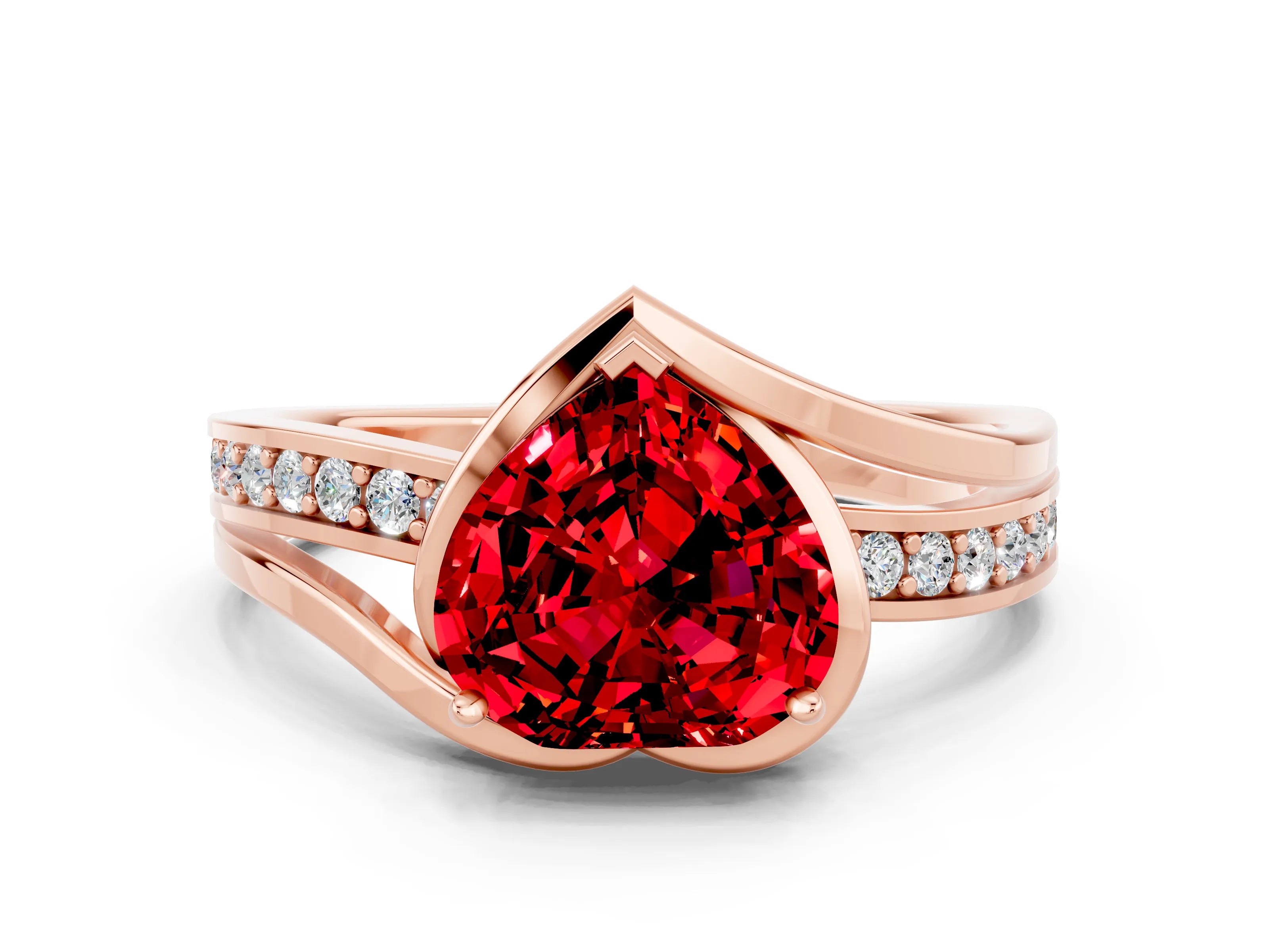 Rose gold Heart Cut Ruby Solitaire Ring with Split Shank and Prong Setting