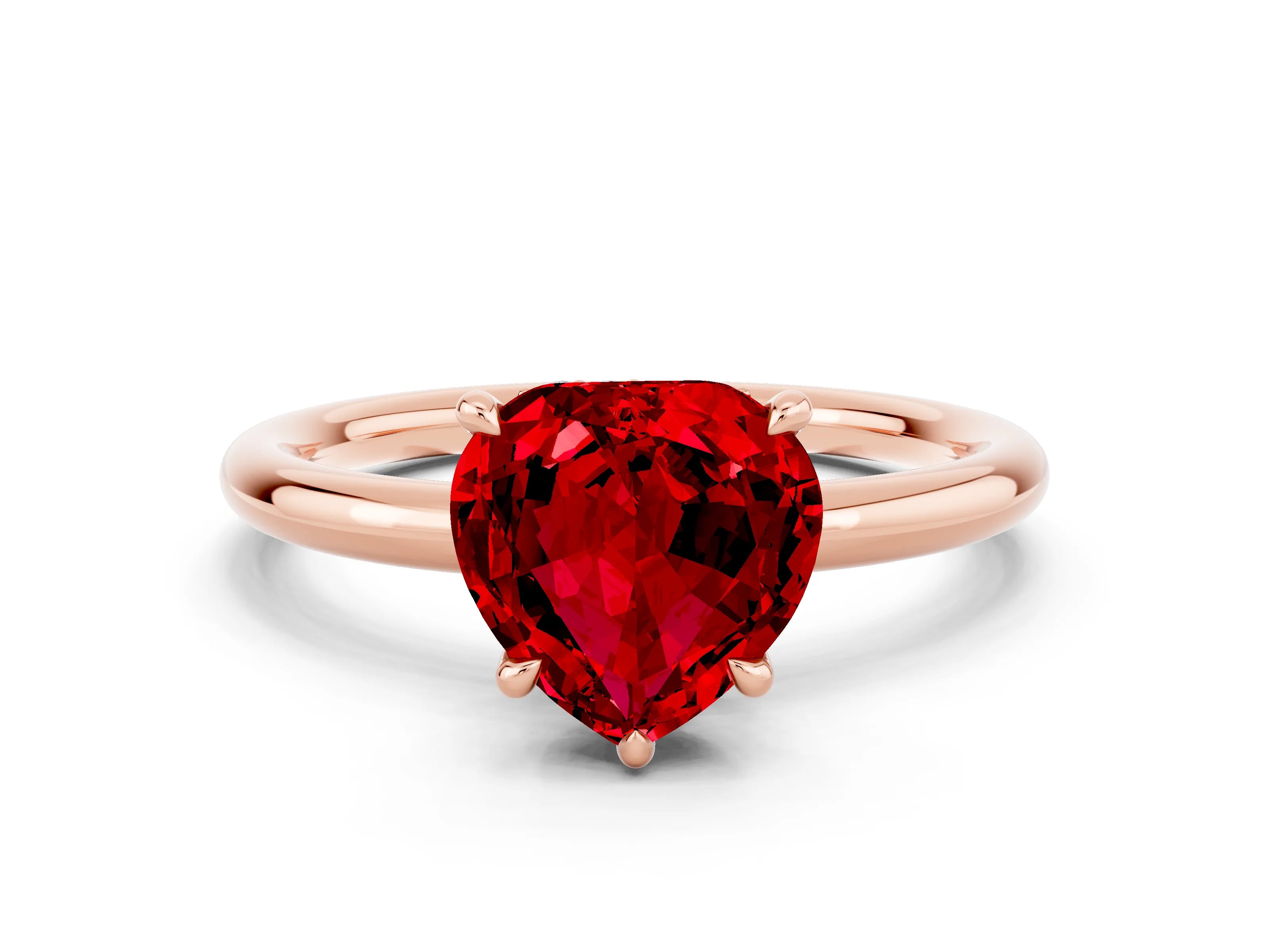 Rose gold Heart Cut Ruby Solitaire Ring with Thin Band and Four-Prong Setting