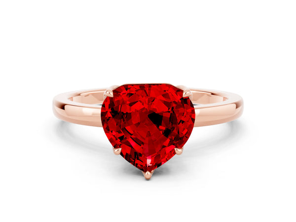 Rose Gold Heart-Shaped Lab-Grown Ruby Solitaire Engagement Ring with Thin Plain Band and Open Basket