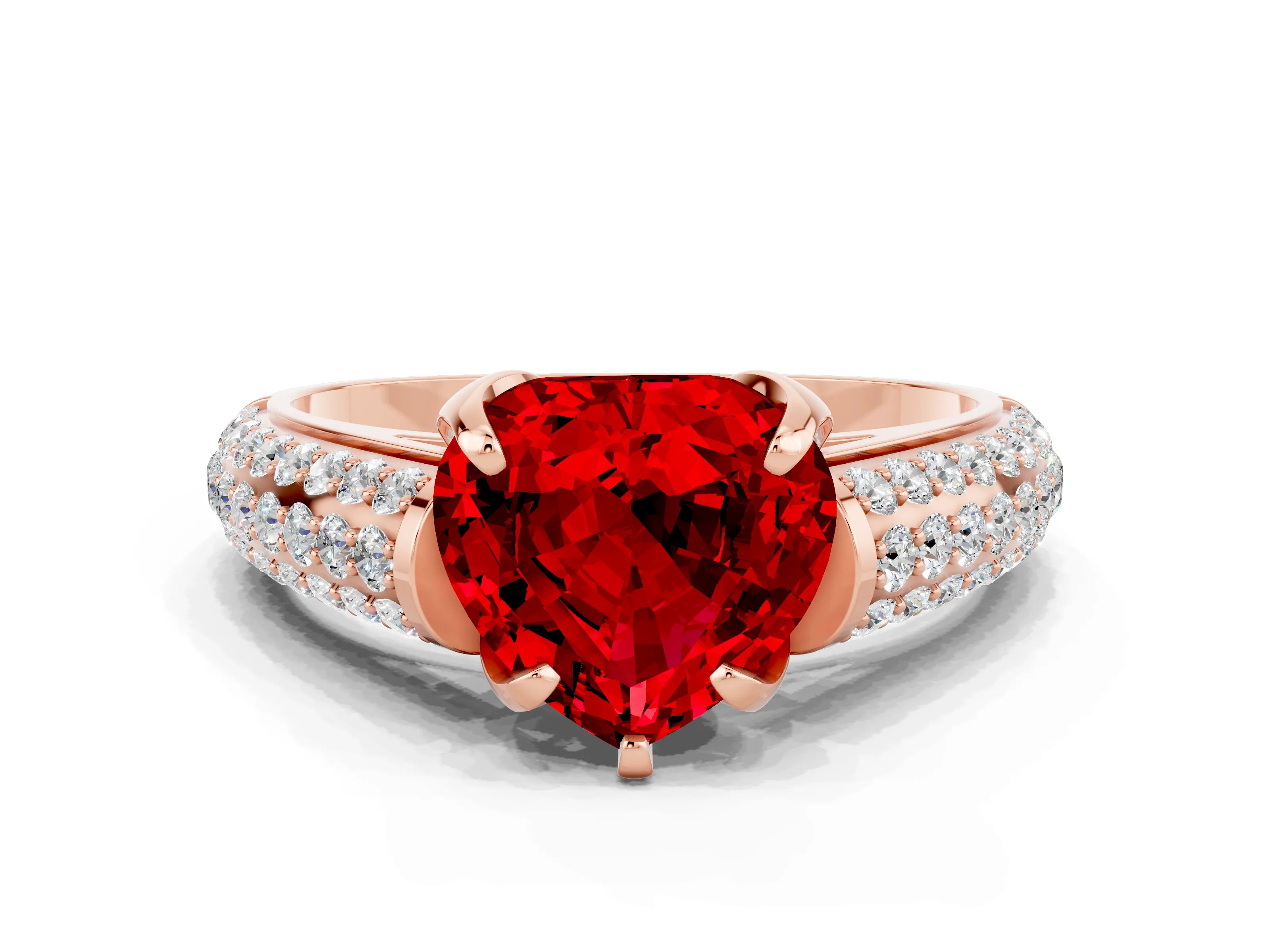Rose gold Heart Cut Ruby Solitaire Ring with Three-Row Pavé Band and Four-Prong Setting_12