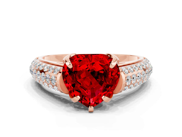 Rose gold Heart Cut Ruby Solitaire Ring with Three-Row Pavé Band and Four-Prong Setting