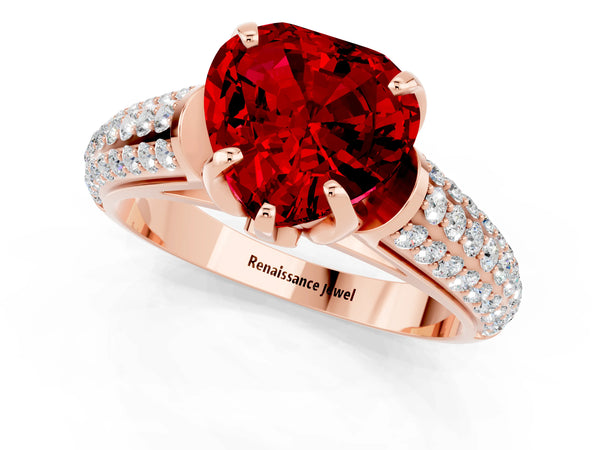 Rose gold Heart Cut Ruby Solitaire Ring with Three-Row Pavé Band and Four-Prong Setting
