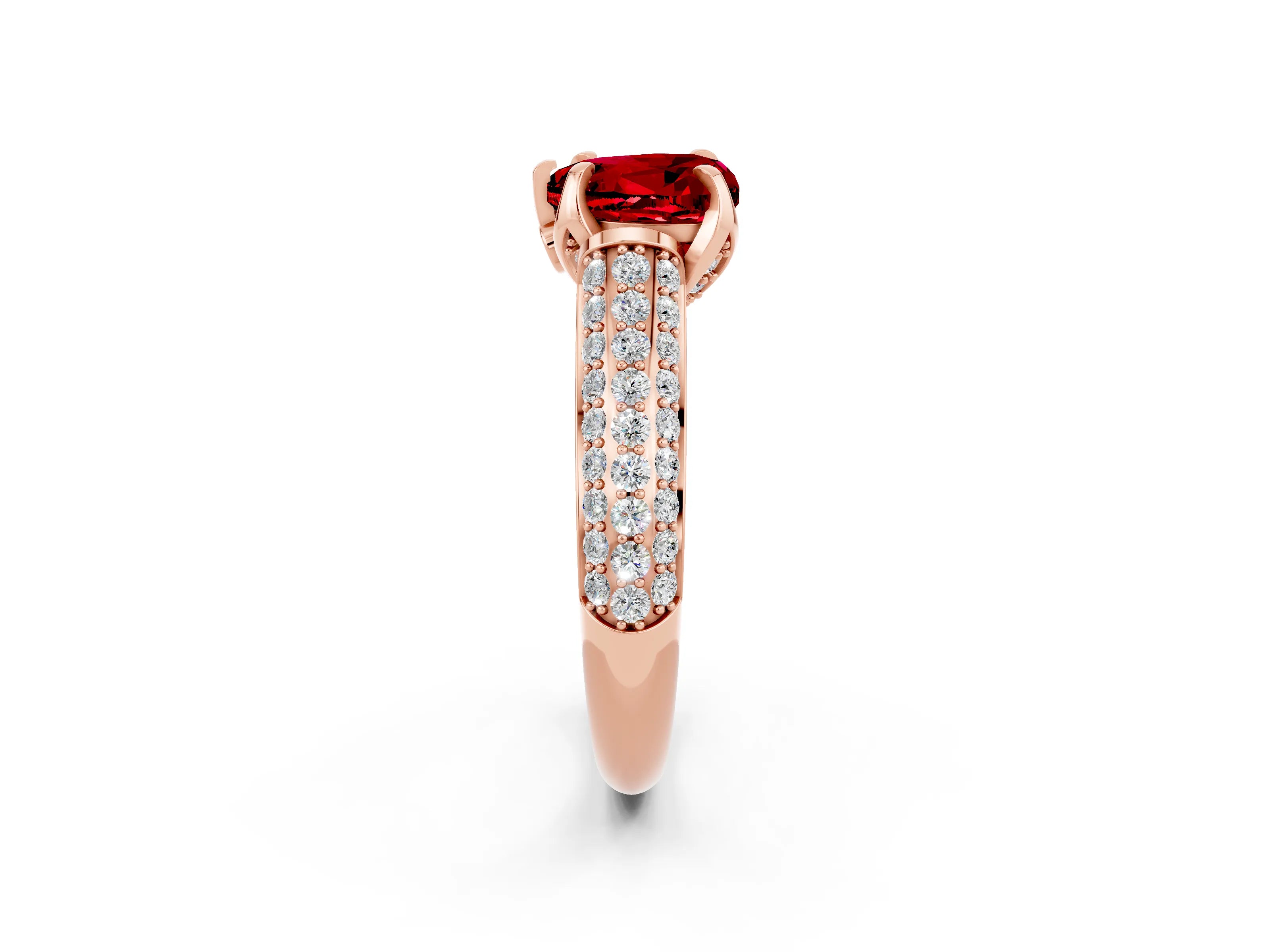 Rose gold Heart Cut Ruby Solitaire Ring with Three-Row Pavé Band and Four-Prong Setting_14