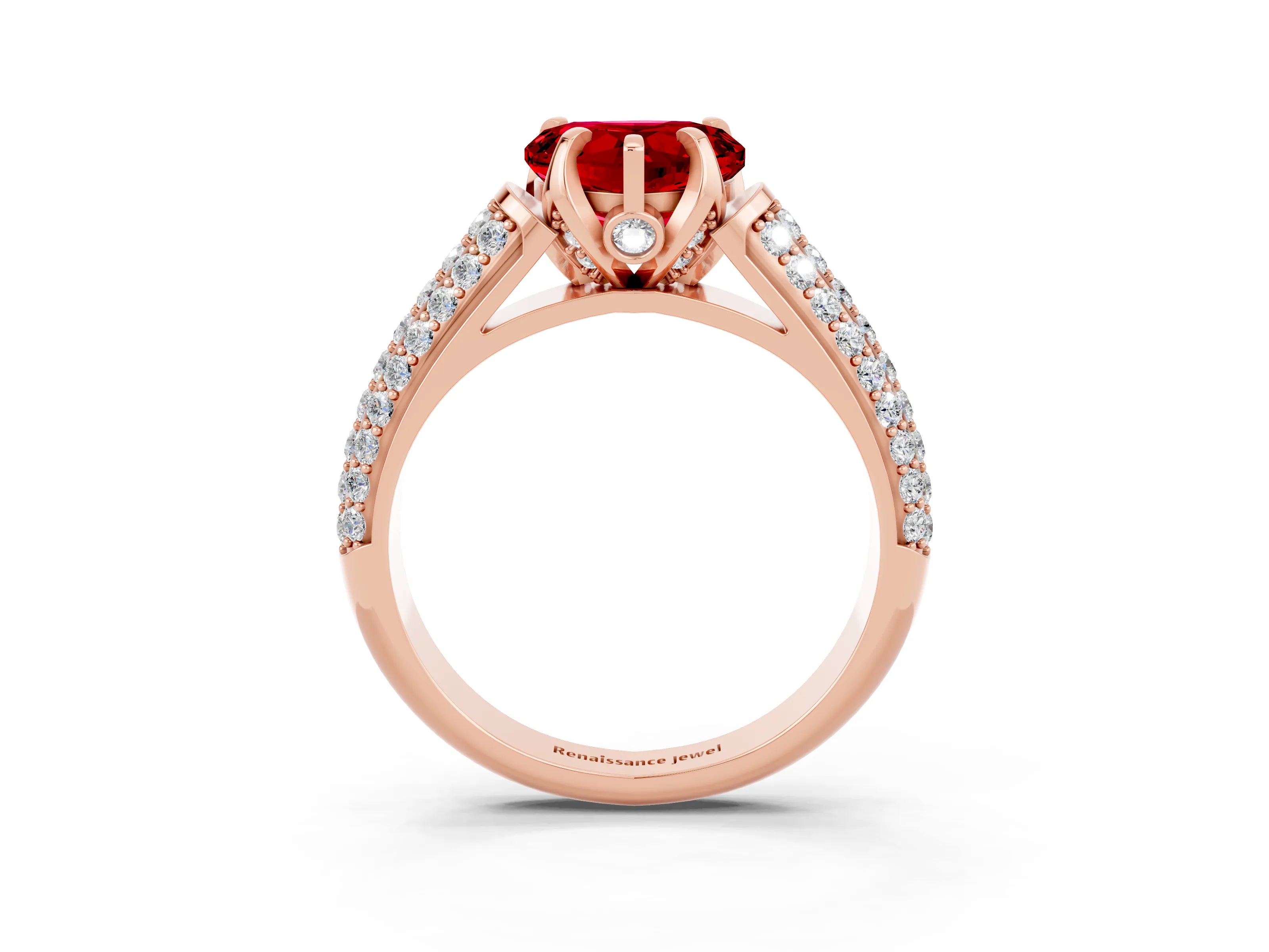 Rose gold Heart Cut Ruby Solitaire Ring with Three-Row Pavé Band and Four-Prong Setting_15