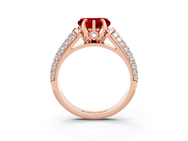Rose gold Heart Cut Ruby Solitaire Ring with Three-Row Pavé Band and Four-Prong Setting