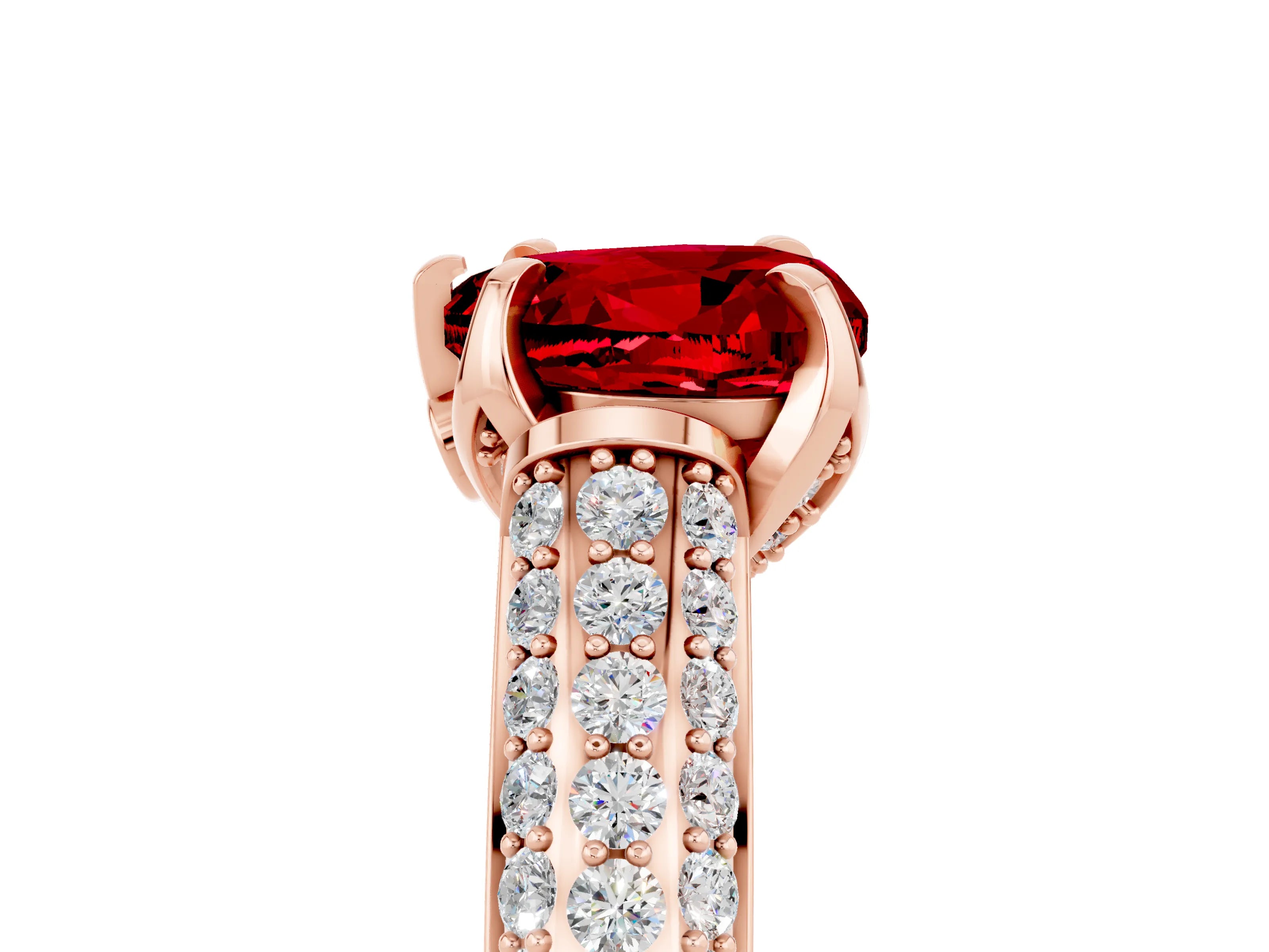 Rose gold Heart Cut Ruby Solitaire Ring with Three-Row Pavé Band and Four-Prong Setting_17