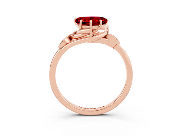 Rose gold Heart Cut Ruby Solitaire Ring with Twist Band and Four-Prong Setting