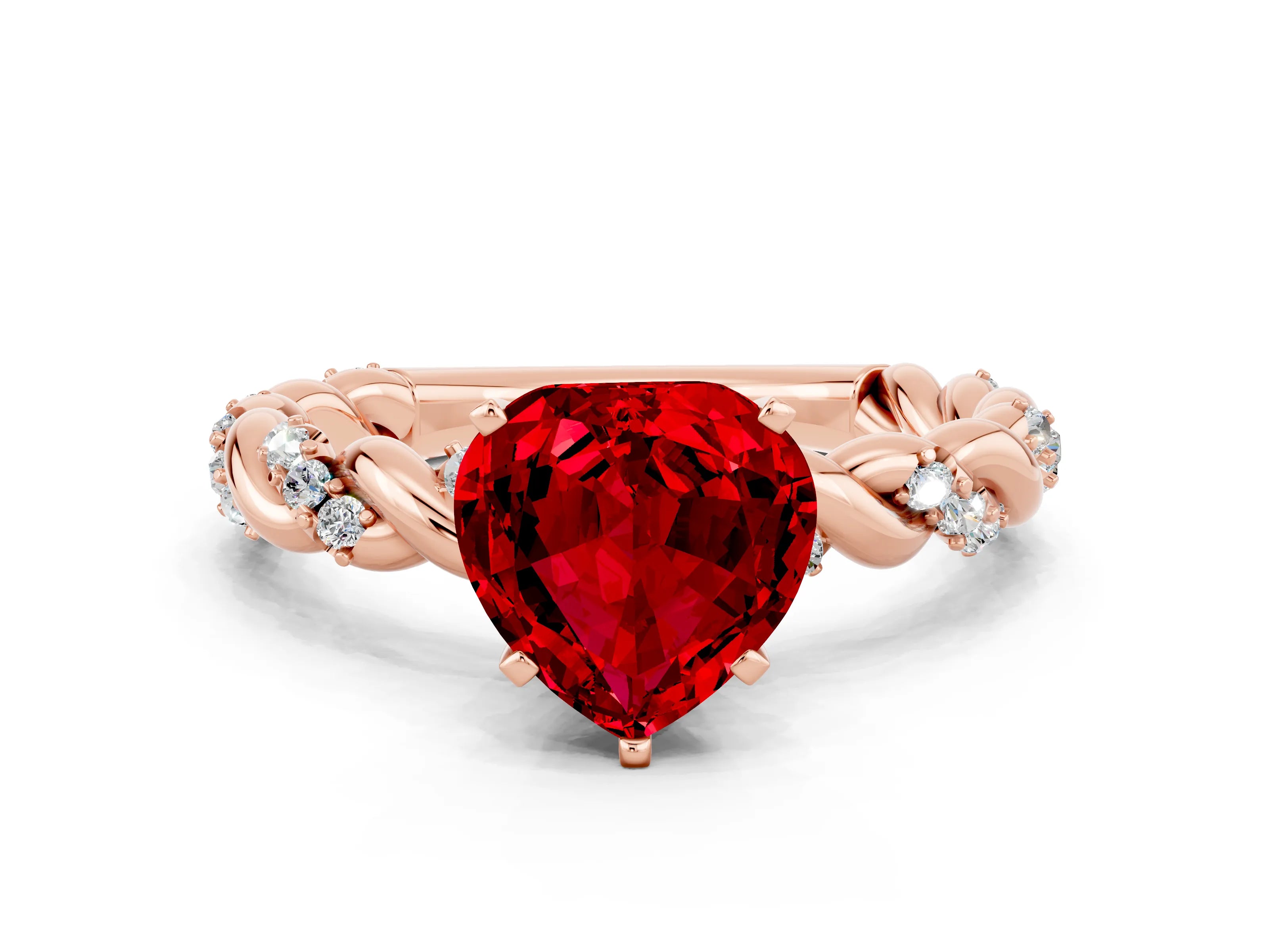 Rose gold Heart Cut Ruby Solitaire Ring with Twisted Band and Pavé Accents