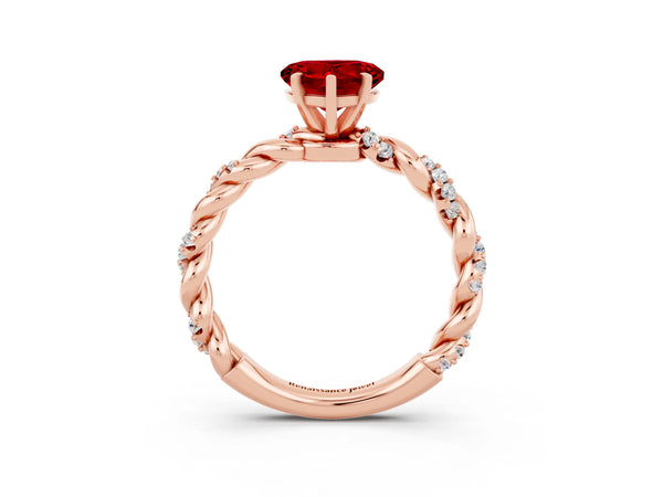 Rose gold Heart Cut Ruby Solitaire Ring with Twisted Band and Pavé Accents