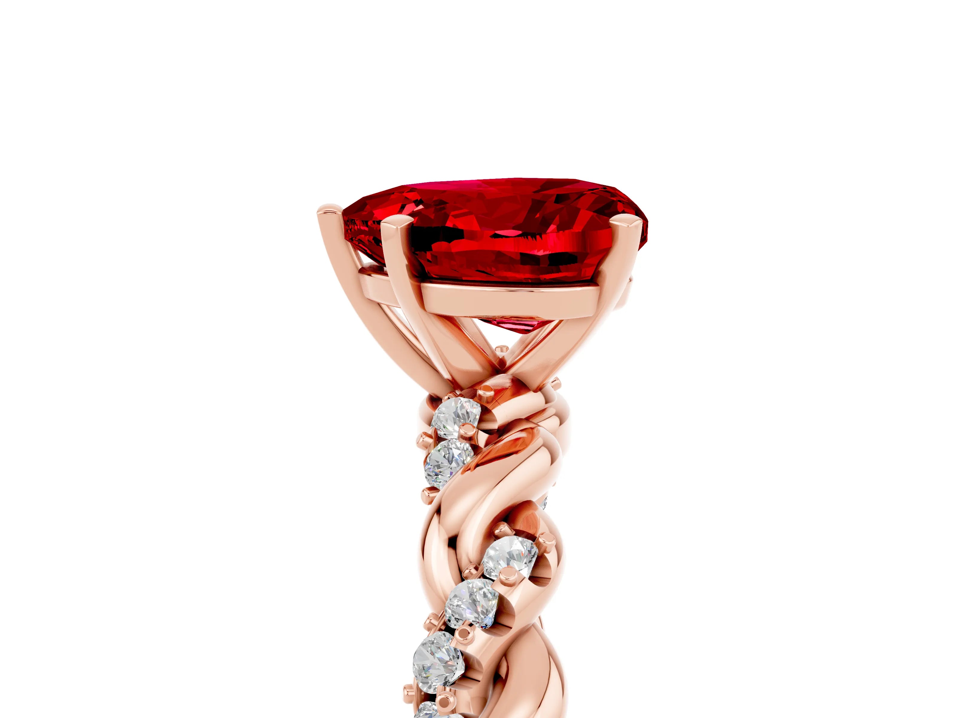 Rose gold Heart Cut Ruby Solitaire Ring with Twisted Band and Pavé Accents_5