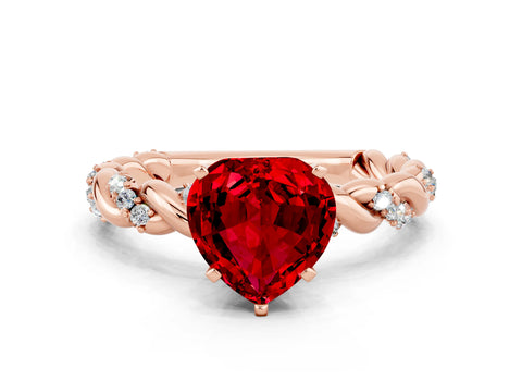 Rose gold Heart Cut Ruby Solitaire Ring with Twisted Band and Pavé Accents