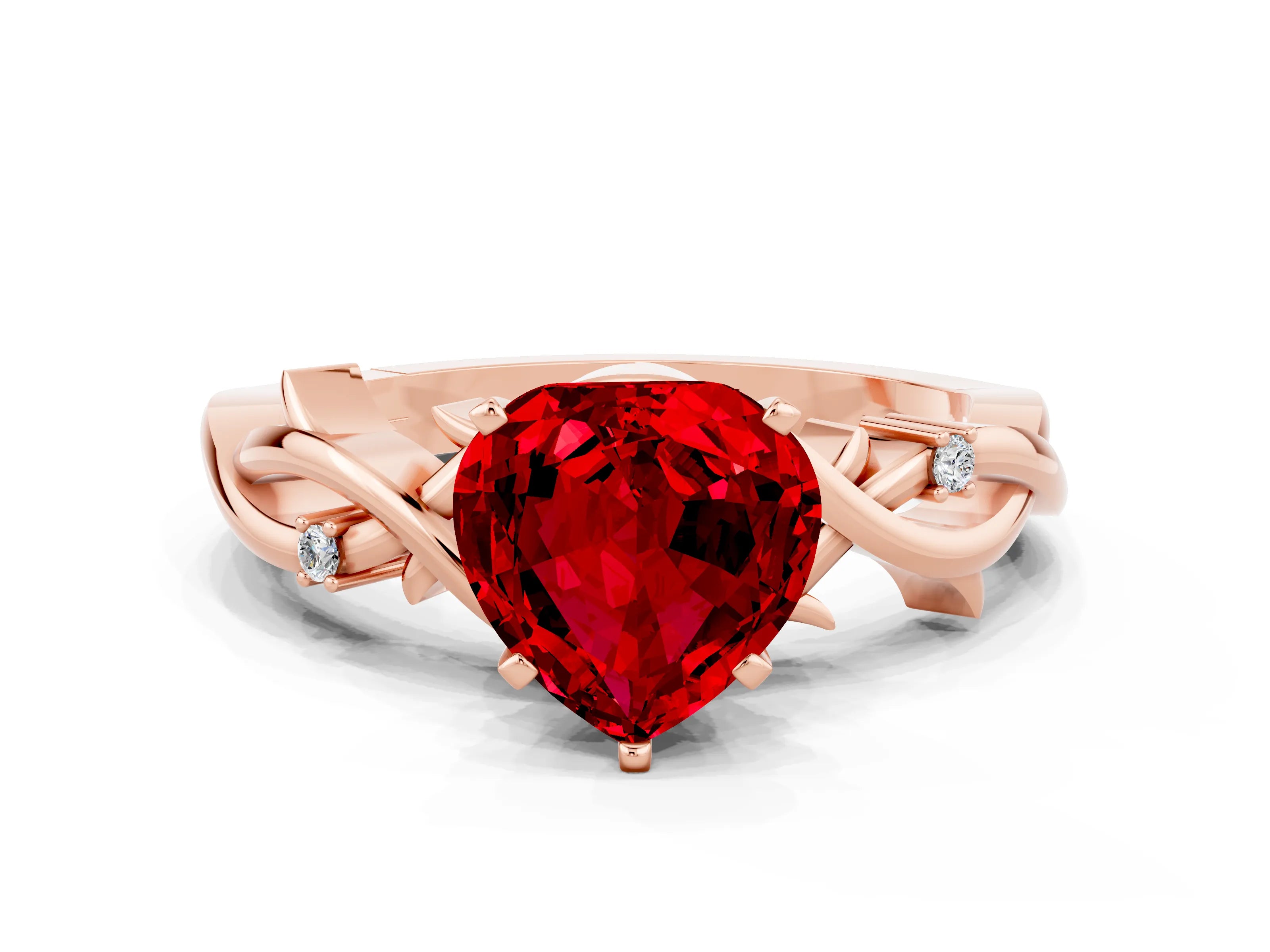 Rose gold Heart Cut Ruby Solitaire Ring with Twisted Band and Prong Setting