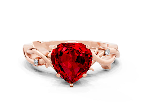 Rose gold Heart Cut Ruby Solitaire Ring with Twisted Band and Prong Setting