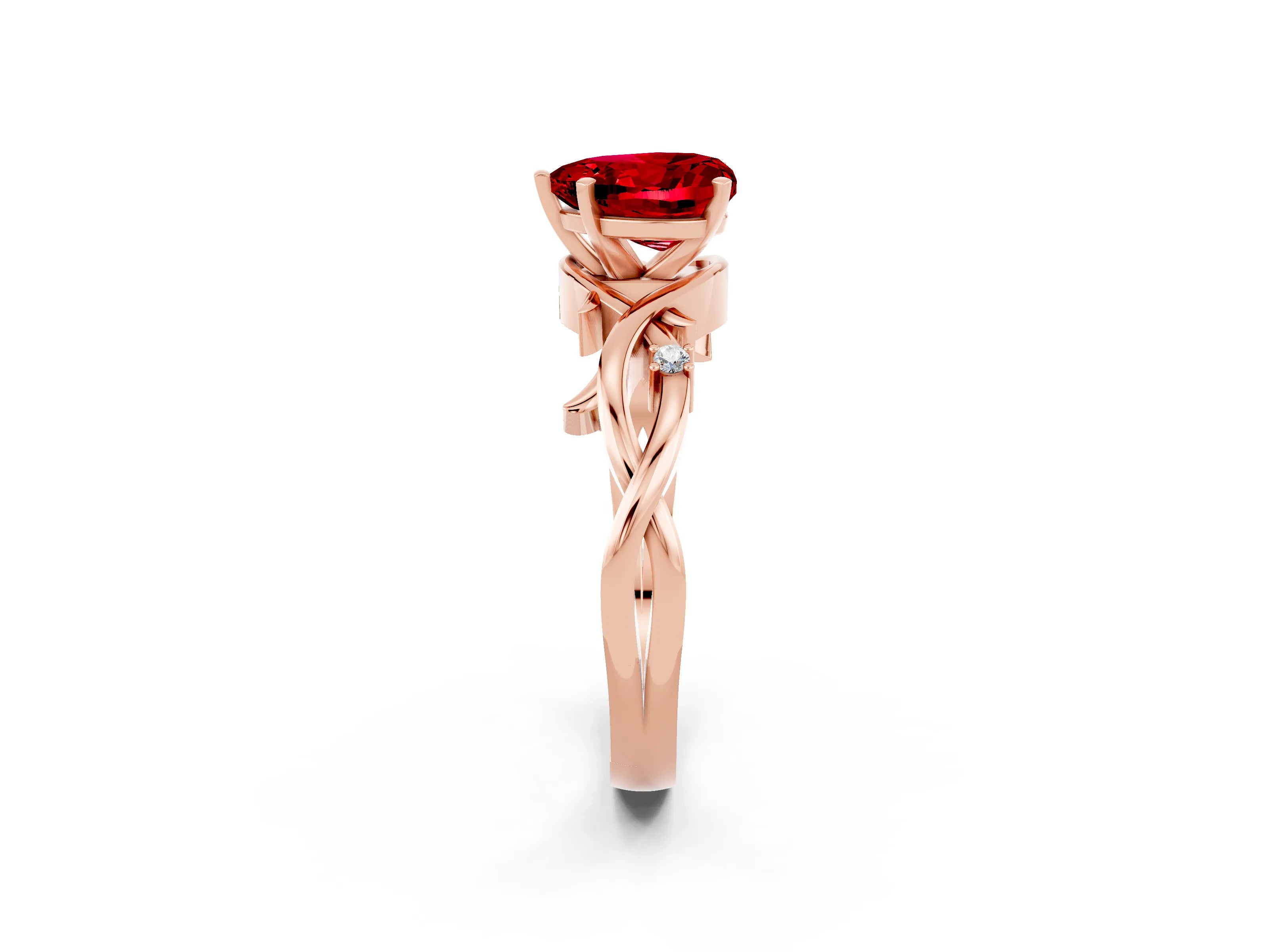 Rose gold Heart Cut Ruby Solitaire Ring with Twisted Band and Prong Setting_2