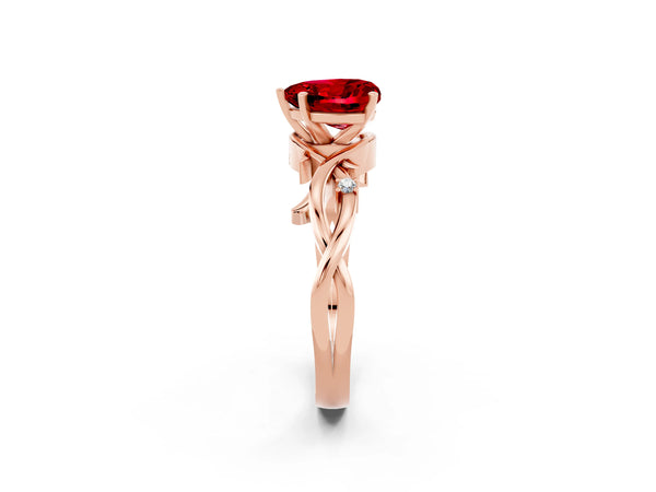 Rose gold Heart Cut Ruby Solitaire Ring with Twisted Band and Prong Setting