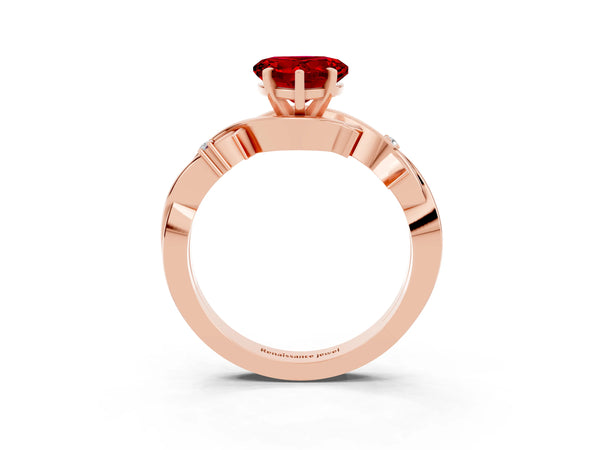 Rose gold Heart Cut Ruby Solitaire Ring with Twisted Band and Prong Setting