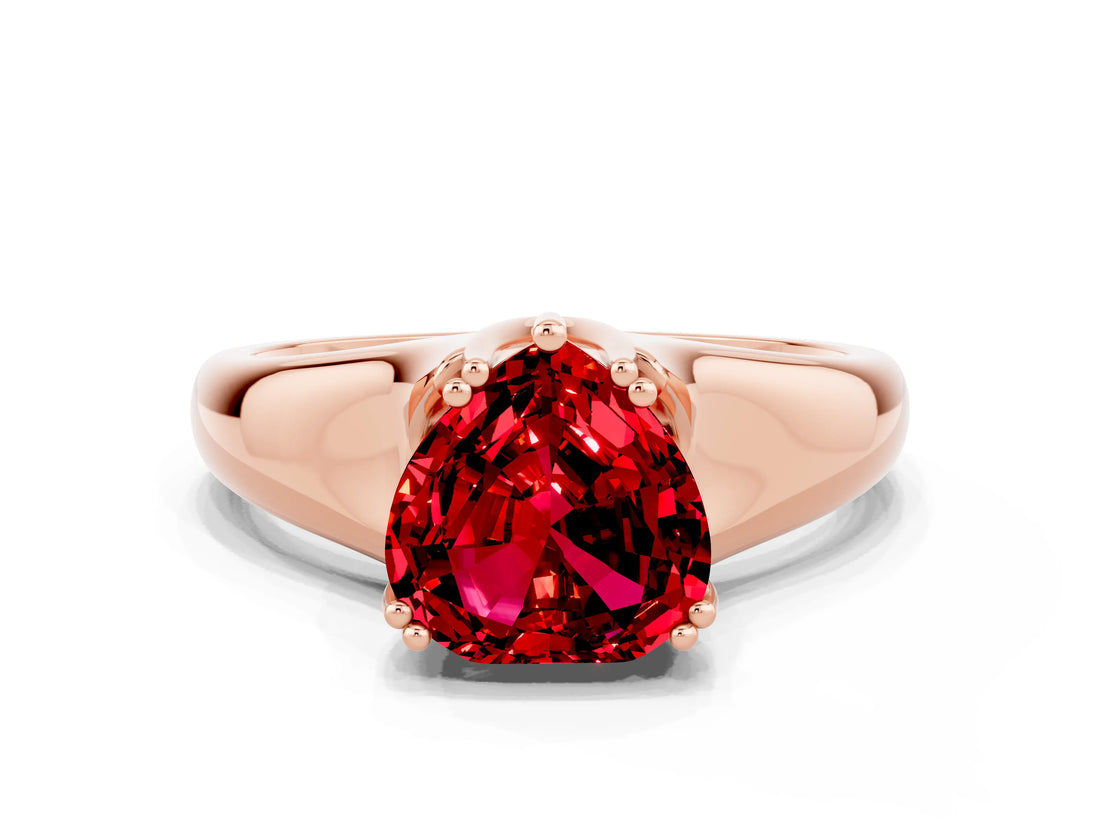 Rose gold Heart Cut Ruby Solitaire Ring with Wide Band and Prong Setting