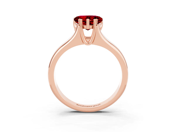Rose gold Heart Cut Ruby Solitaire Ring with Wide Band and Prong Setting