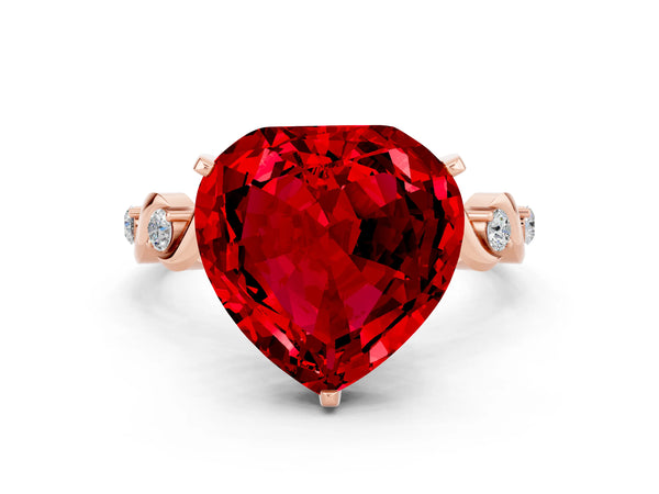 Rose gold Heart Cut Ruby Solitaire Twisted Band with Round  Accents and Prong Setting